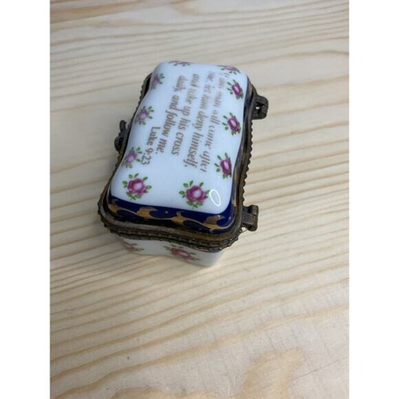 Small Imperial Porcelain Trinket Box Luke 9:23 Pink Roses Gold Accents Hinged - Picture 7 of 8